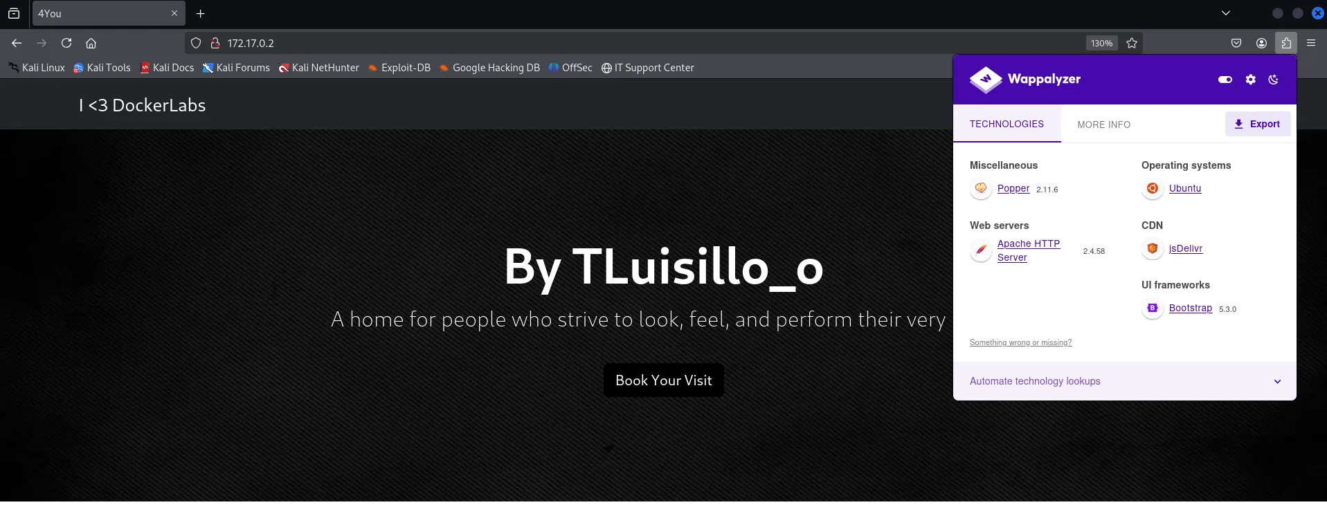 la portada 4You con el título By TLuisillo_o y Wappalyzer detectando Apache 2.4.58, Ubuntu, Bootstrap 5.3.0, Popper 2.11.6 y jsDelivr