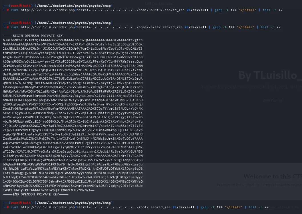de los tres intentos de id_rsa (ubuntu, vaxei, root) por LFI, solo el de vaxei devuelve una clave privada OpenSSH completa