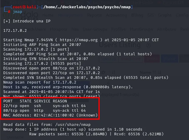 nmap -p- sobre 172.17.0.2 solo encuentra 22/ssh y 80/http, ambos con ttl 64