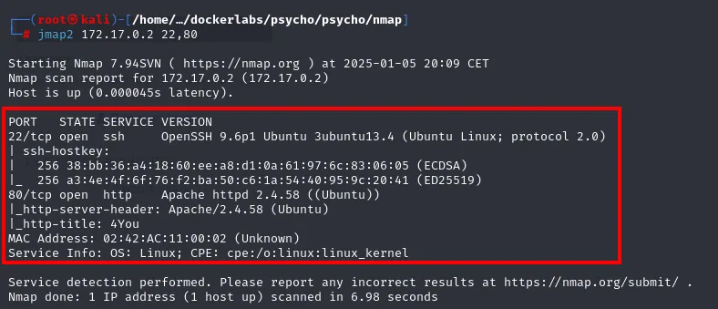 nmap -sCV: OpenSSH 9.6p1 Ubuntu y Apache httpd 2.4.58, título de la web "4You"