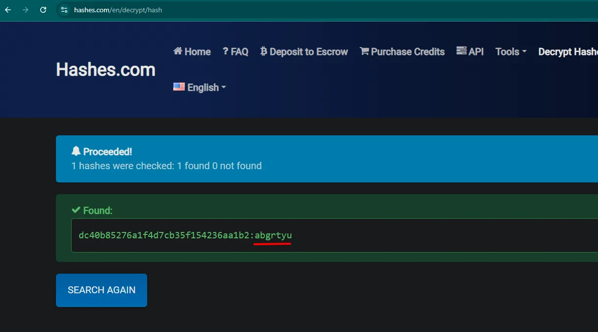 El hash MD5 aparece resuelto: la contraseña de admin es abgrtyu