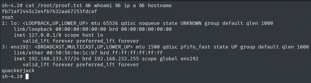 proof.txt leída como root en quackerjack