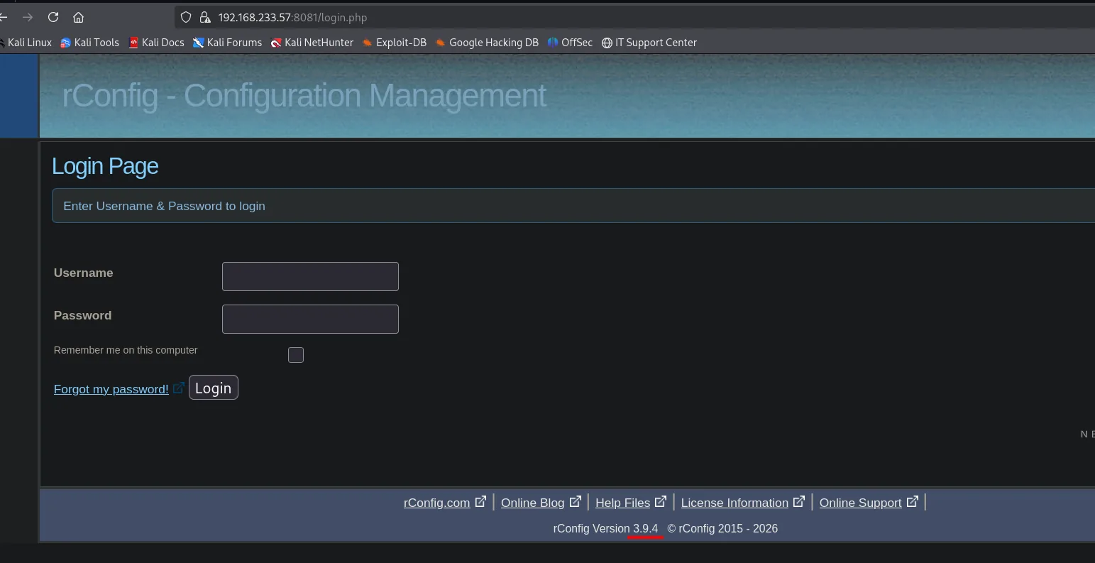 Panel de login de rConfig v3.9 en el puerto 8081