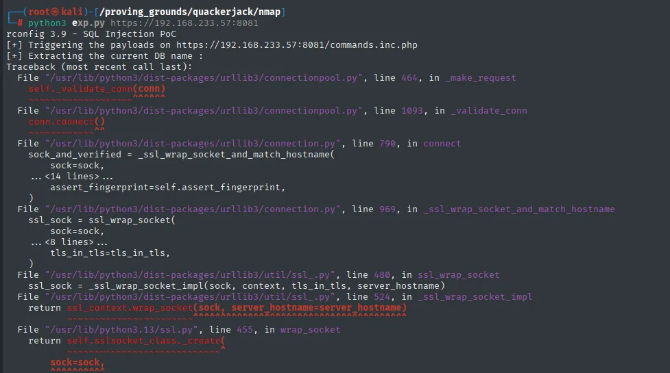 Primera ejecución del exploit: tras Triggering the payloads, un traceback de urllib3/ssl al validar el certificado