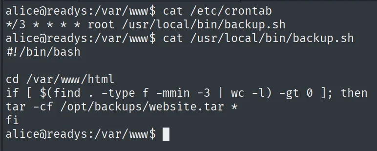 cat /etc/crontab y backup.sh: */3 * * * * root /usr/local/bin/backup.sh, que hace cd /var/www/html y tar -cf /opt/backups/website.tar *