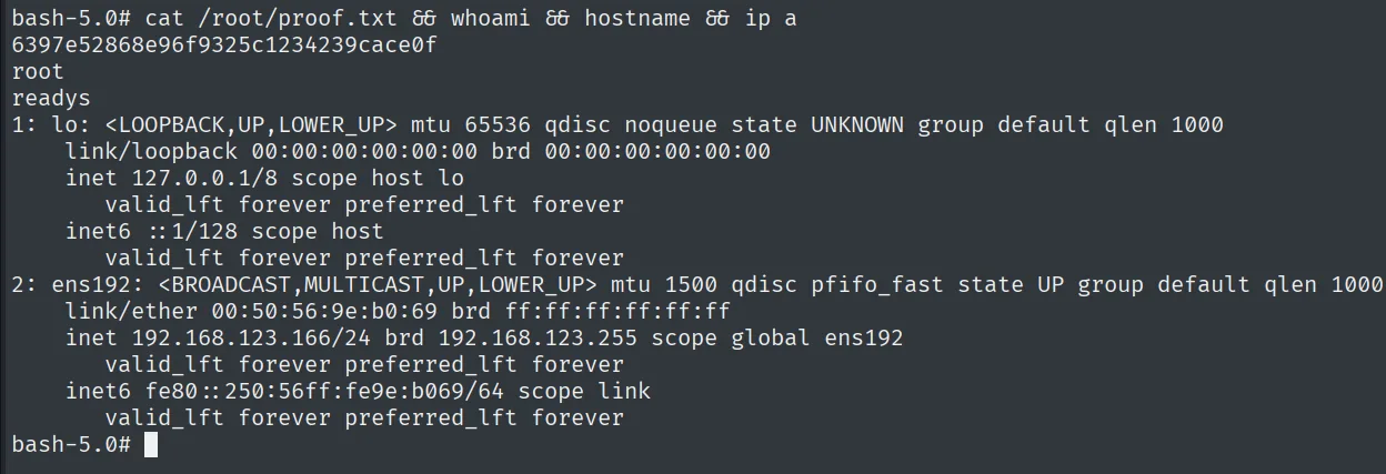 proof.txt leída como root en readys