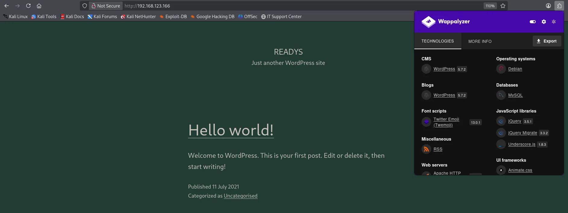 Wappalyzer sobre la home de Readys: WordPress 5.7.2, Debian, MySQL, Apache HTTP, jQuery 3.5.1