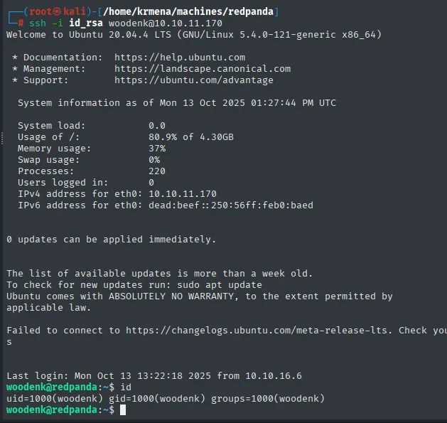 ssh -i id_rsa woodenk@10.10.11.170 abre sesión, pero el id ya NO muestra el grupo logs