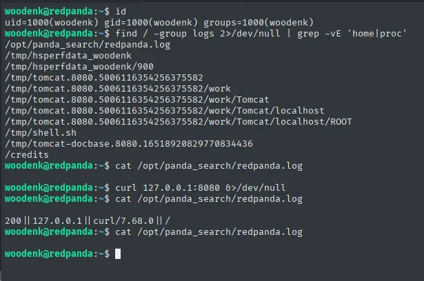 find -group logs lleva a redpanda.log; una petición a localhost añade una línea status||ip||user-agent||uri