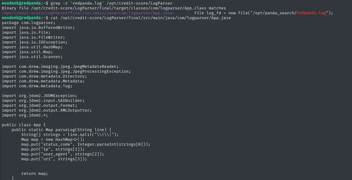 grep -r redpanda.log sobre /opt/credit-score/LogParser devuelve una única coincidencia, en App.java