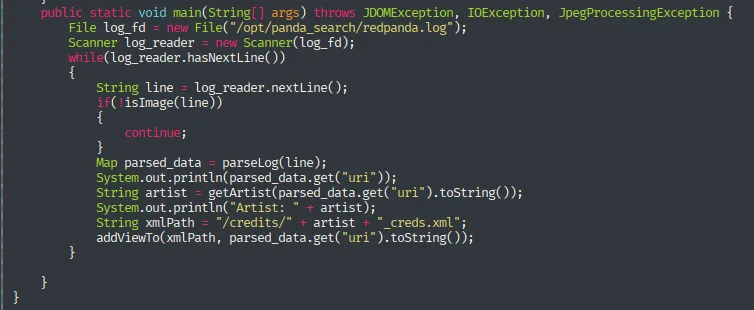 el main() de App.java abriendo /opt/panda_search/redpanda.log y recorriéndolo línea a línea