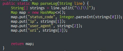 la función parseLog() partiendo la línea por el carácter | y asignando status_code, ip, user_agent y uri