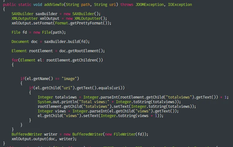 la función addViewTo() construyendo la ruta /credits/<artist>_creds.xml y parseándola con un SAXBuilder
