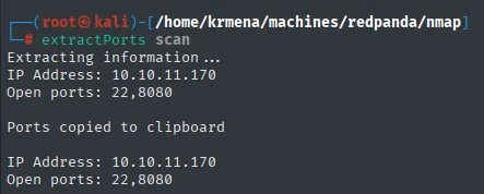 extractPorts leyendo el fichero scan y devolviendo IP Address 10.10.11.170 y Open ports 22,8080