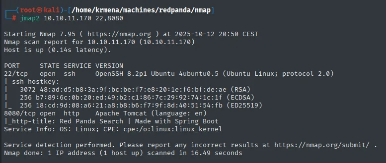 nmap -sCV: OpenSSH 8.2p1 y Apache Tomcat con Spring Boot en 8080