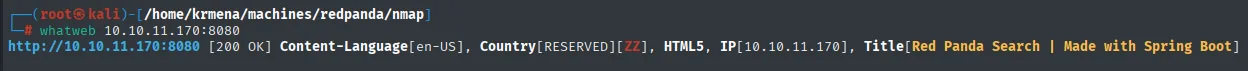 whatweb contra el 8080 identificando el título "Red Panda Search | Made with Spring Boot"