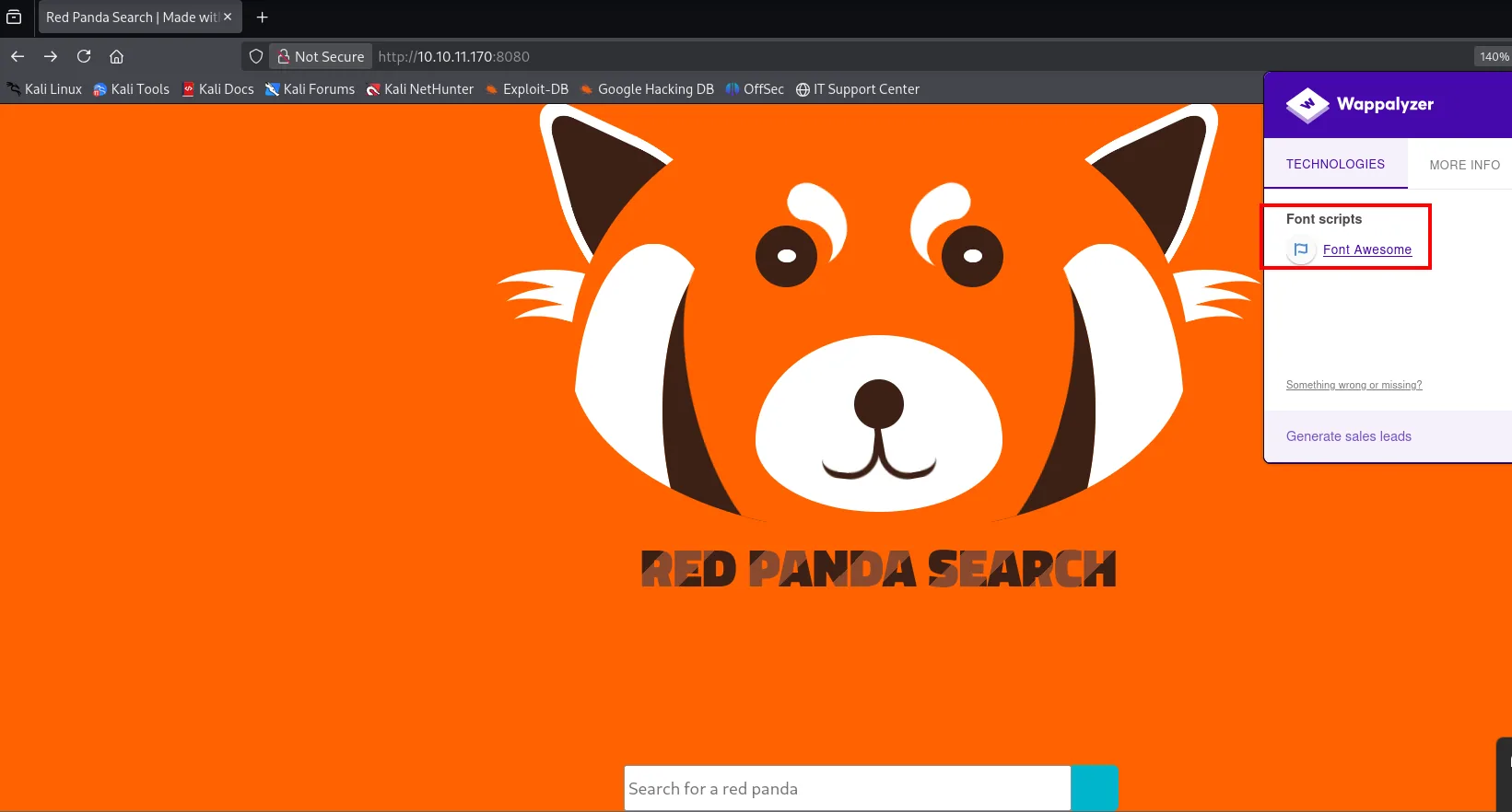 Wappalyzer sobre el 8080: en Technologies únicamente aparece Font scripts con Font Awesome