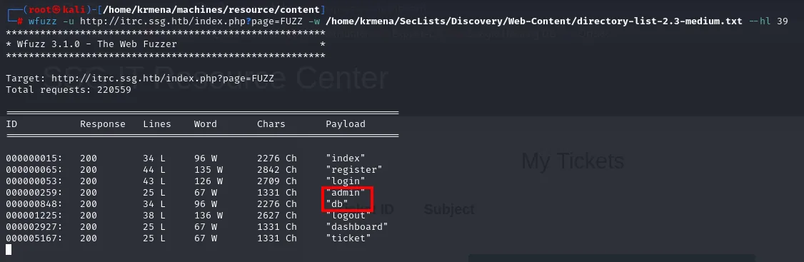 wfuzz sobre el parámetro page descubre las páginas admin, db, dashboard y ticket