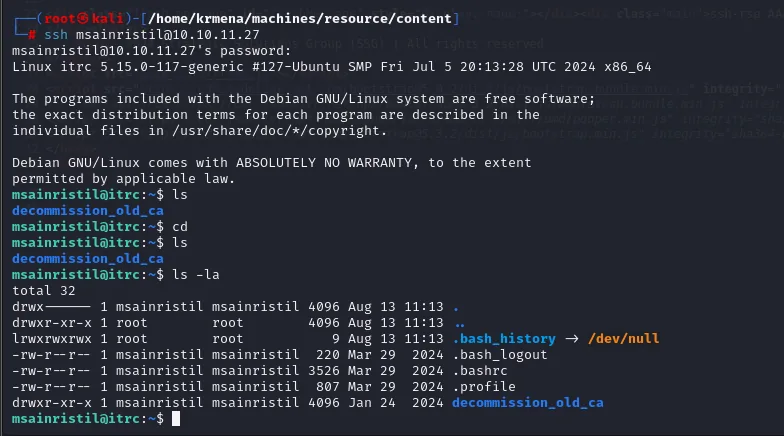 ssh como msainristil con la contraseña recuperada abre una shell; el home contiene decommission_old_ca