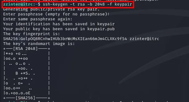 zzinter@itrc genera un nuevo par keypair/keypair.pub con ssh-keygen, con su randomart