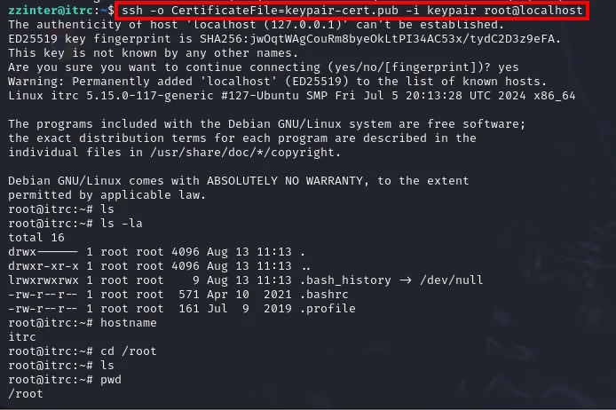 ssh con el certificado de root abre una shell como root@itrc