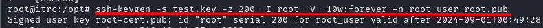 root@itrc firma con test.key un certificado para el principal root_user con serial 200