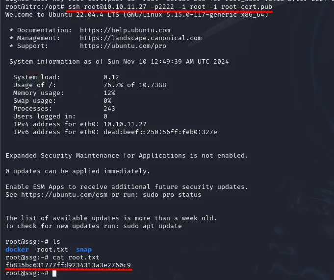 ssh al puerto 2222 con el certificado firmado por test.key abre una shell como root@ssg y muestra root.txt