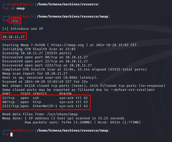 nmap -p- contra 10.10.11.27: descubre 22, 80 y 2222, y el 22 aparece con ttl 62 frente al ttl 63 de los otros dos