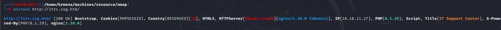 whatweb contra itrc.ssg.htb identificando nginx 1.18.0 sobre Ubuntu, PHP 8.1.29 y el título "IT Support Center"