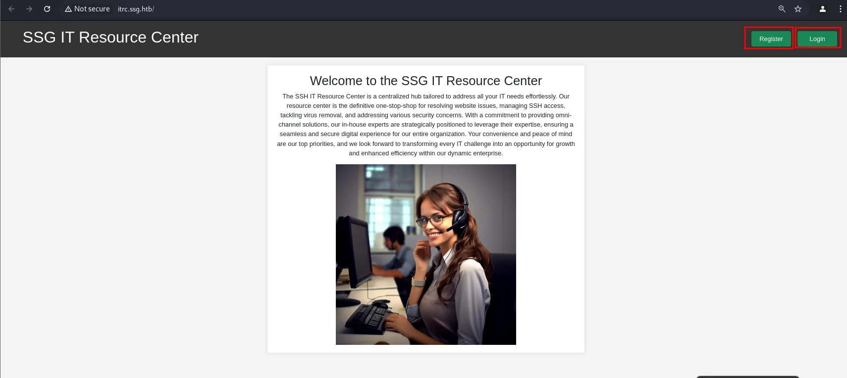 la portada del SSG IT Resource Center con los botones Register y Login resaltados en la esquina superior derecha