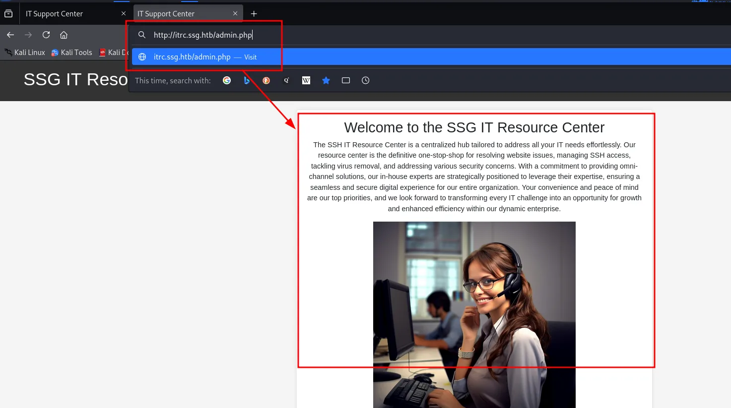 la petición a itrc.ssg.htb/admin.php devuelve exactamente la misma portada de bienvenida