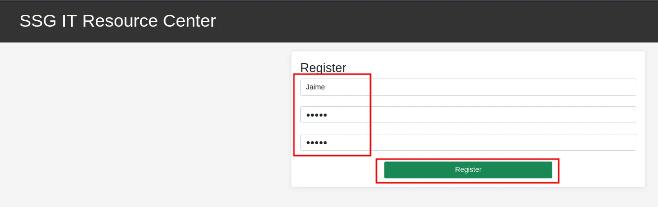 el formulario Register del SSG IT Resource Center relleno con el usuario Jaime y su contraseña repetida