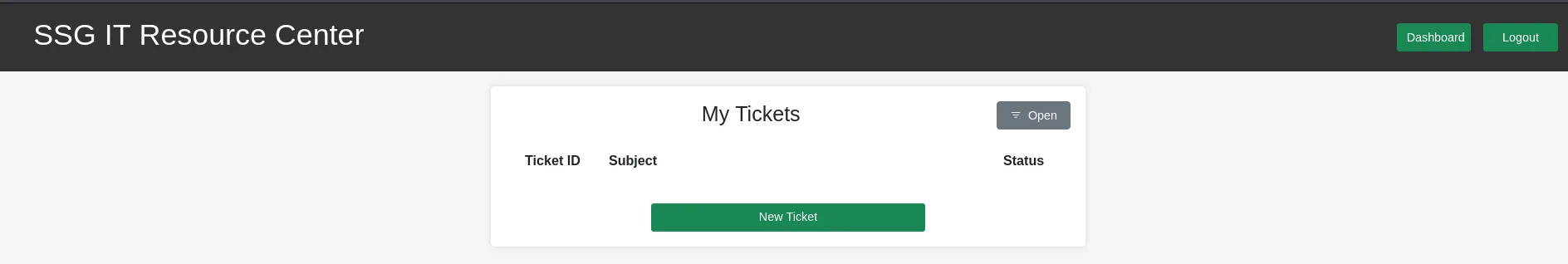 el dashboard del IT Resource Center tras autenticarse con la cuenta recién registrada, con la opción de crear tickets